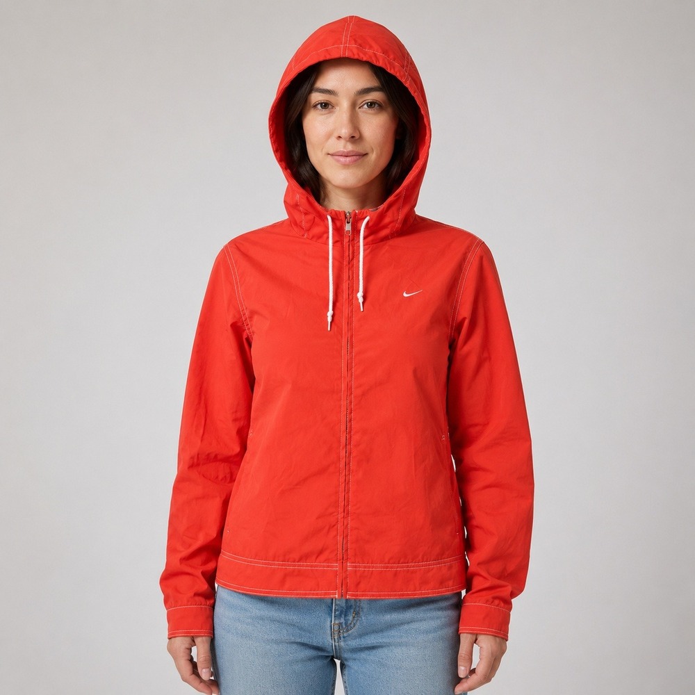 Nike Women's XS Red Orange Hooded Windbreaker Jacket White Stitching